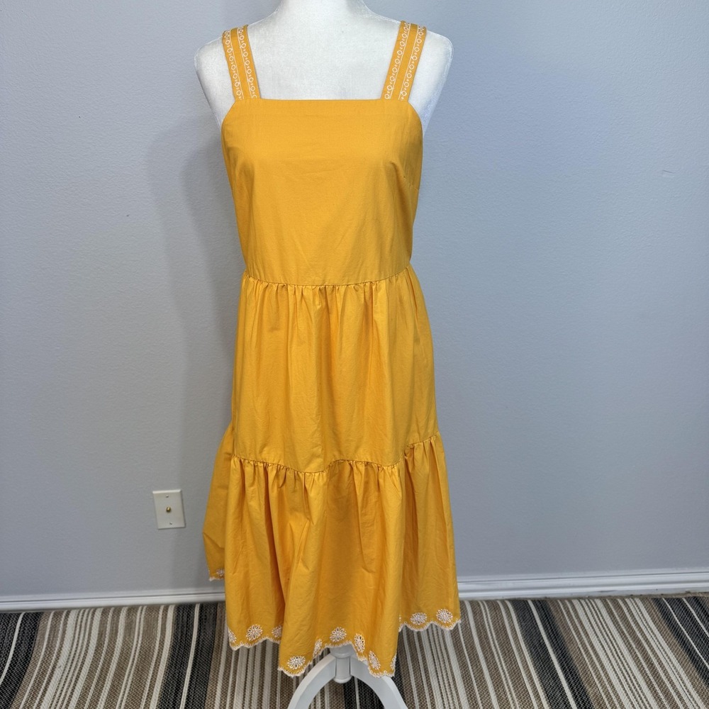 J.Crew Dress Women's 4 Yellow Tiered‎ Sleeveless Embroidered Scalloped Midi